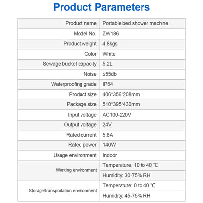 Product parameters table for a portable bed shower machine with details like model number, weight, color, and specifications.