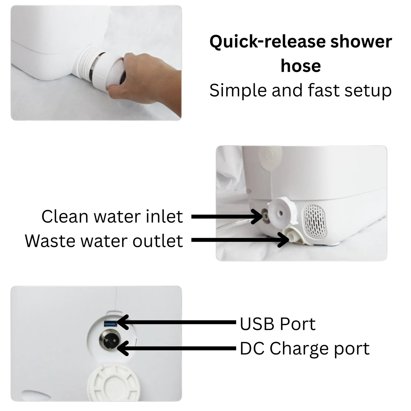 Shower head with quick-release hose, labeled ports, and setup instructions.