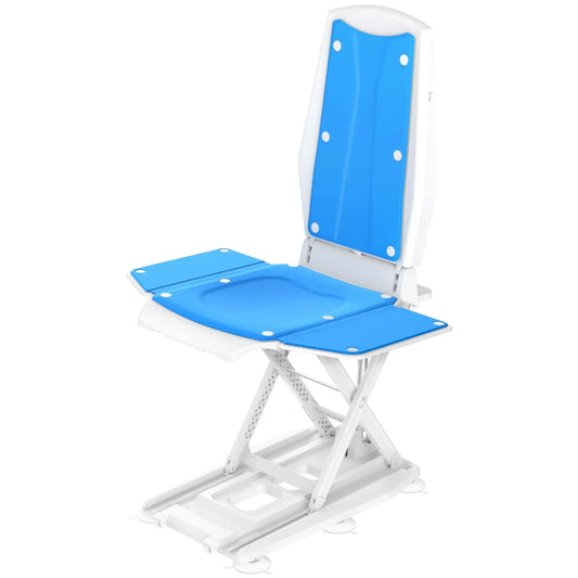 A blue and white electric chair lift designed for mobility assistance, featuring a floor-mounted base and a backrest.