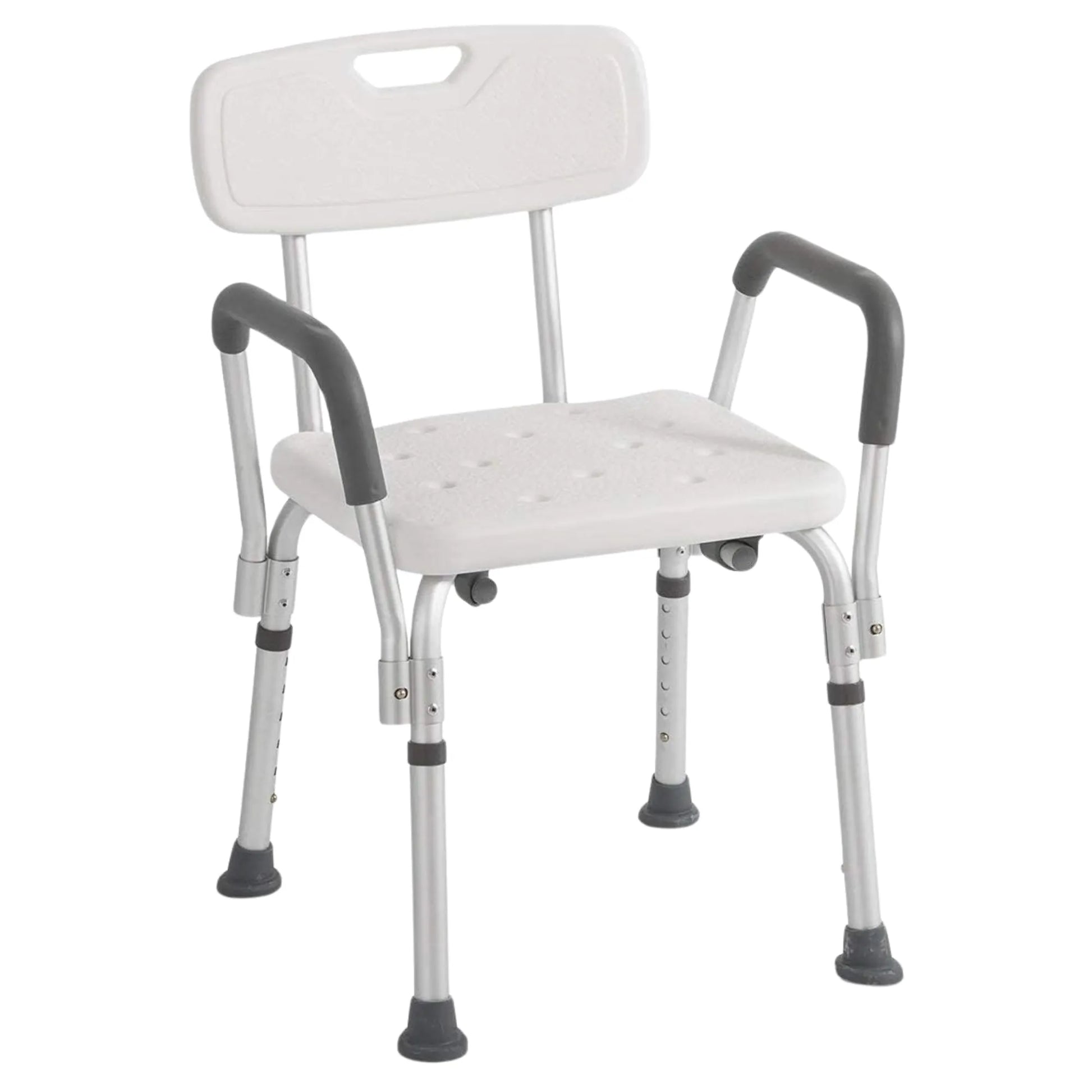 White shower chair with gray armrests and footrest on a white background