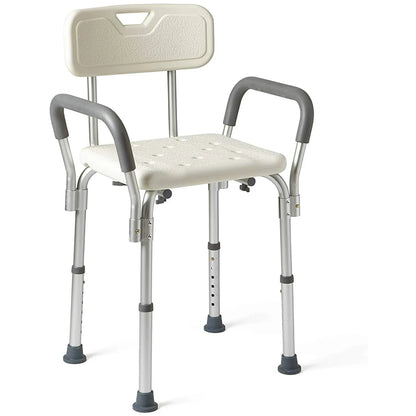 Adjustable height shower chair with a white seat and gray aluminum frame, featuring removable armrests and a backrest.