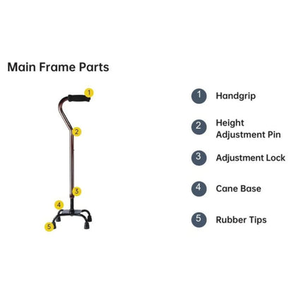 An instructional diagram labeled 'Main Frame Parts' showing a cane with numbered callouts pointing to the handgrip, height adjustment pin, adjustment lock, cane base, and rubber tips on a white background.