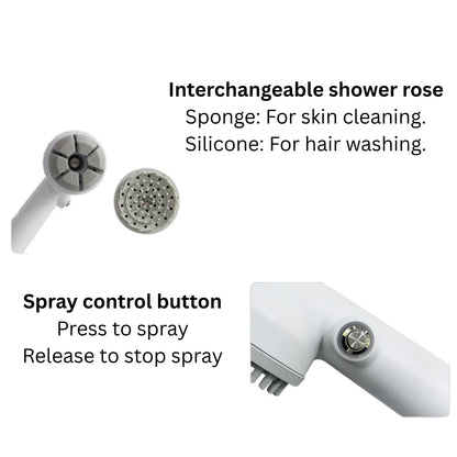 Shower head with interchangeable shower roses and spray control button on a white background
