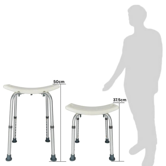 Measurement chart showing a shower stool with dimensions and a silhouette of a person for scale.