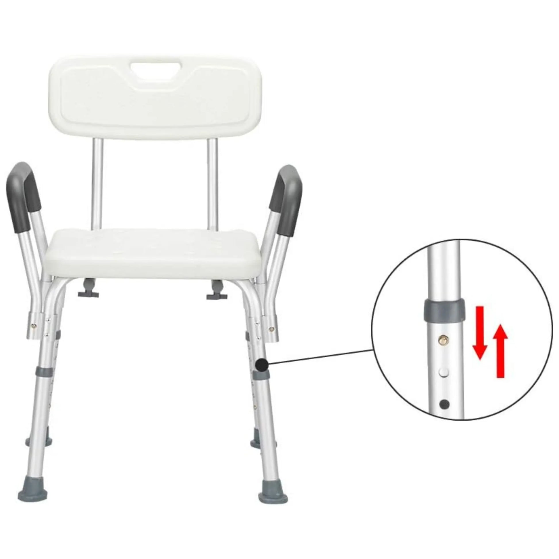 White shower chair with adjustable legs on a white background, showing a close-up of the leg adjustment mechanism.