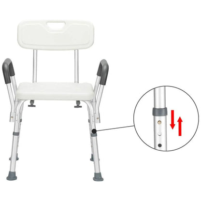 White shower chair with adjustable legs on a white background, showing a close-up of the leg adjustment mechanism.