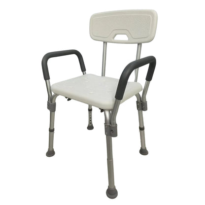 Shower chair with white seat and gray frame on a white background