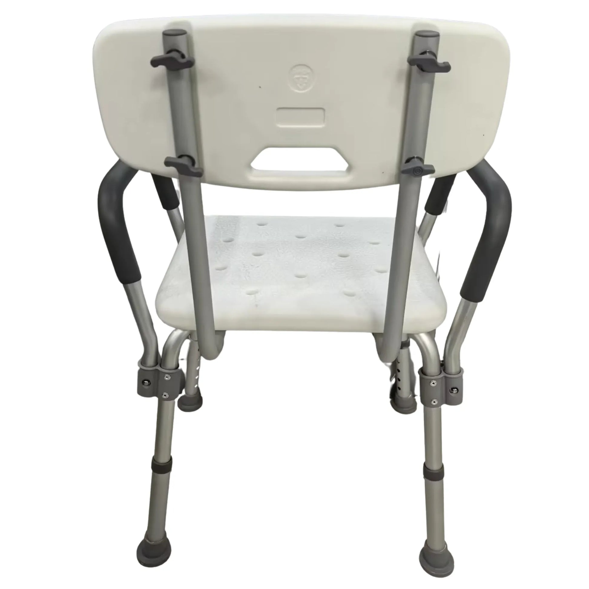 White shower chair with gray arms and legs on a white background
