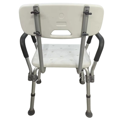 White shower chair with gray arms and legs on a white background