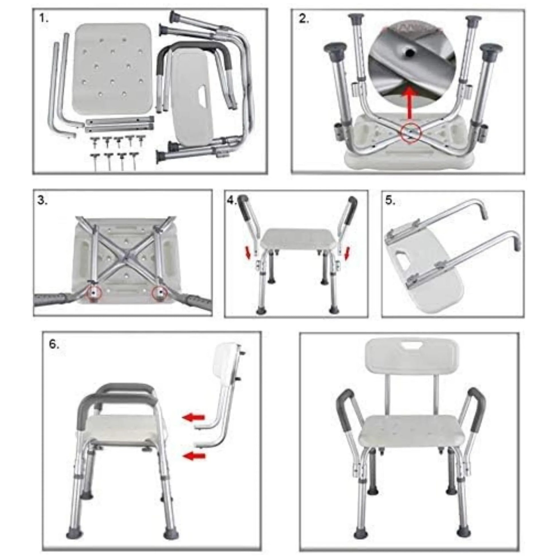 Step-by-step assembly instructions for a height adjustable shower chair with metal frame.