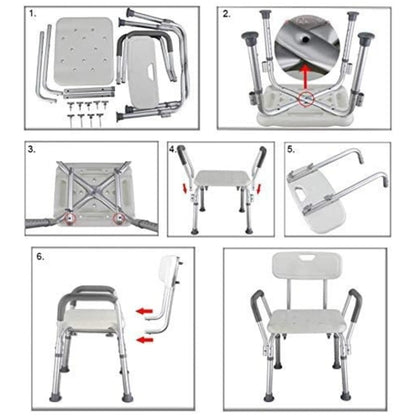 Step-by-step assembly instructions for a height adjustable shower chair with metal frame.