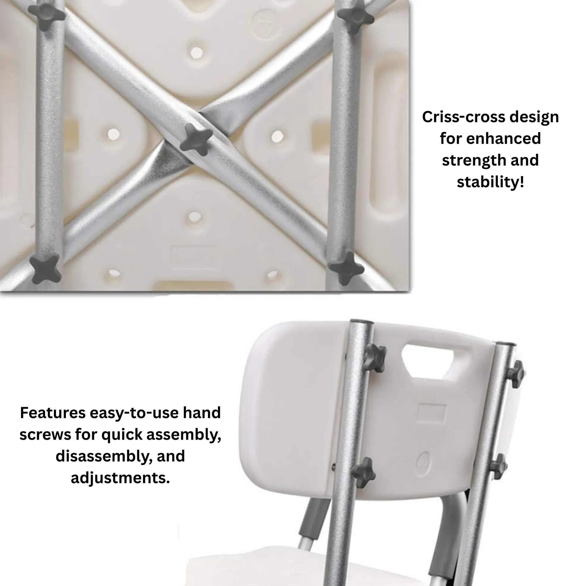 Close-up of a chair with criss-cross design and hand screws for assembly.