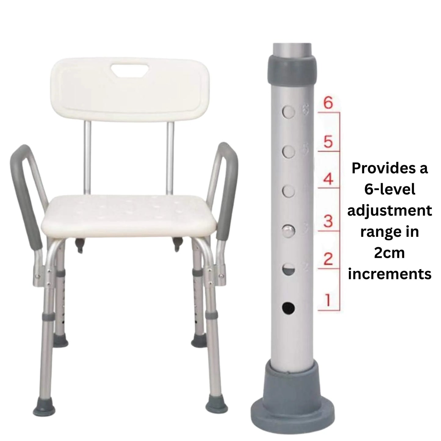 Adjustable height shower chair with a height adjustment column on a white background