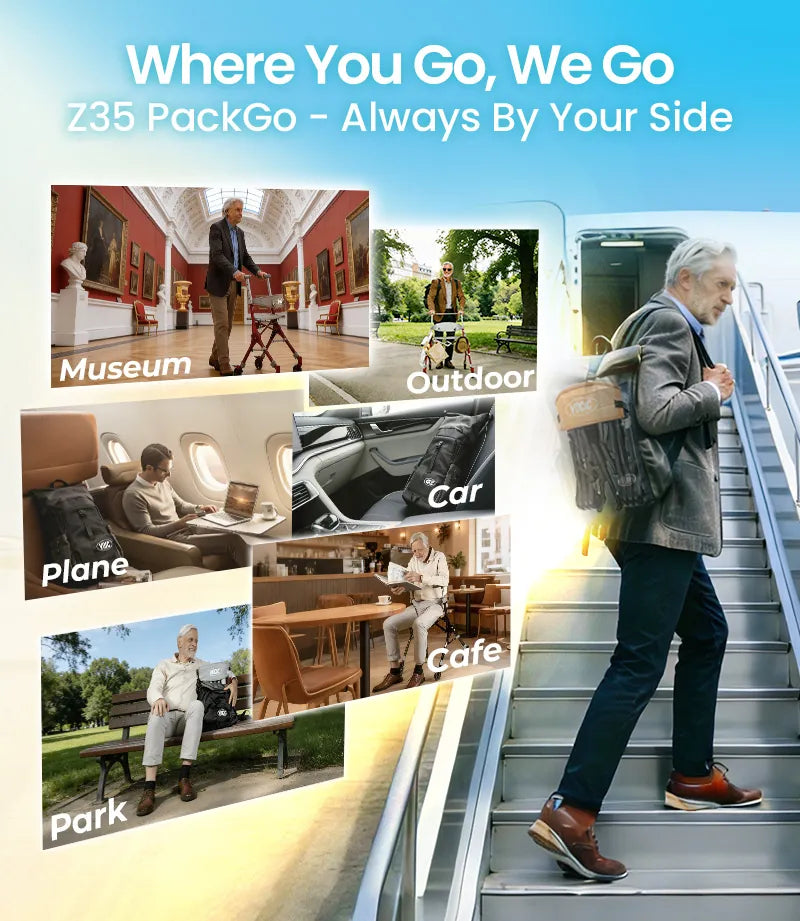 Promotional image of the VOCIC Z35 Super Lightweight Rollator: Less than 6kg with text 'Where You Go, We Go' and images of various settings.