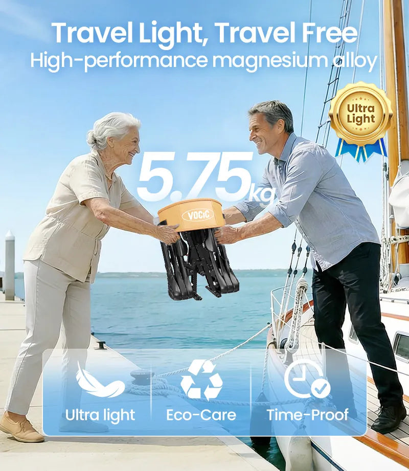 Two people holding aVOCIC Z35 Super Lightweight Rollator: Less than 6kg with text about high-performance magnesium alloy, weight, and features.