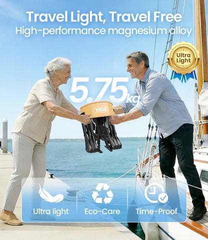 Two people holding aVOCIC Z35 Super Lightweight Rollator: Less than 6kg with text about high-performance magnesium alloy, weight, and features.