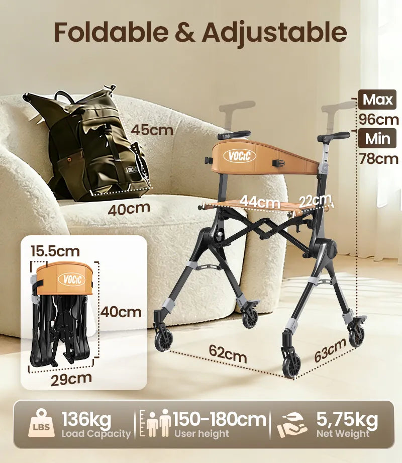 Foldable and adjustable VOCIC Z35 Super Lightweight Rollator: Less than 6kg with dimensions and capacity details on a neutral background