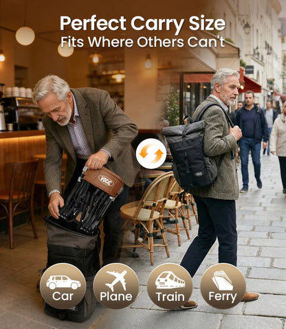 Man demonstrating the VOCIC Z35 Super Lightweight Rollator: Less than 6kg fitting in to a backpack with text 'Perfect Carry Size Fits Where Others Can't' and icons for car, plane, train, and ferry.