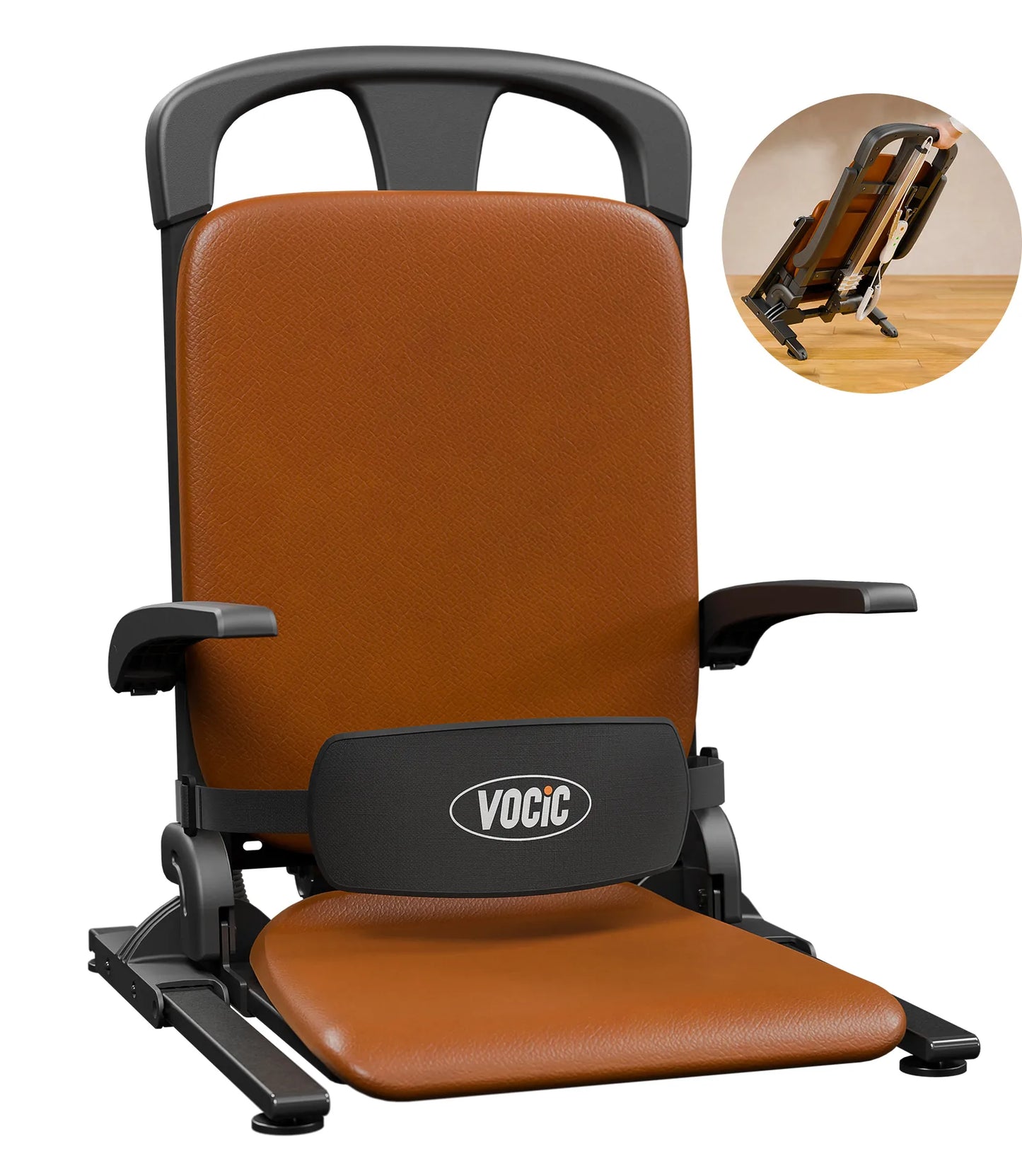 Brown adjustable chair with black armrests and logo on a white background.